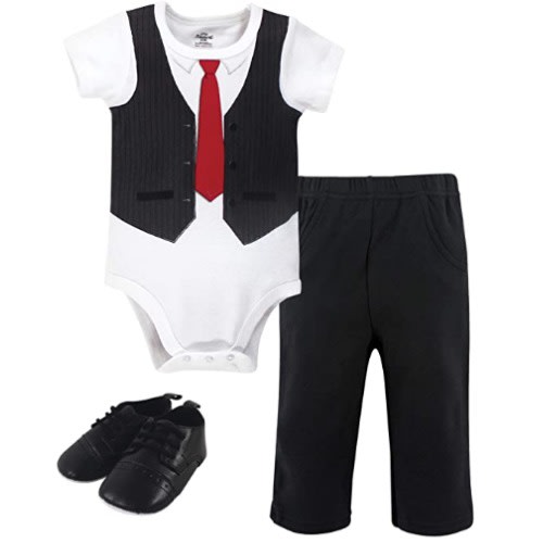 Black/ Red Vest Baby Cotton Bodysuit, Pant And Shoe Set