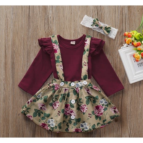 Girl Tracy Floral Wine Top With Suspender - 2 Piece Set