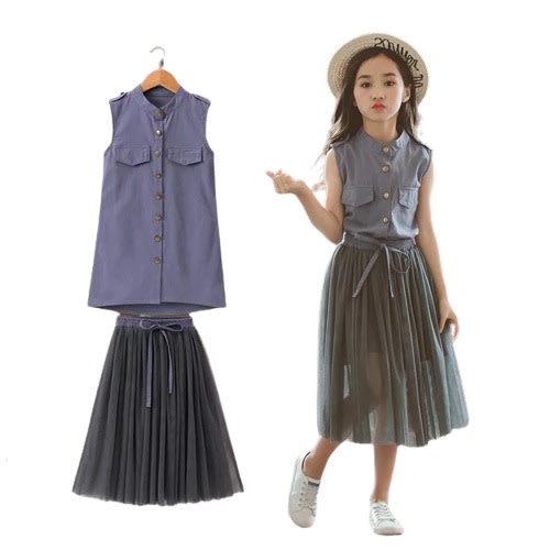 Cute Long Shirt Dress And Skirt Set - Grey