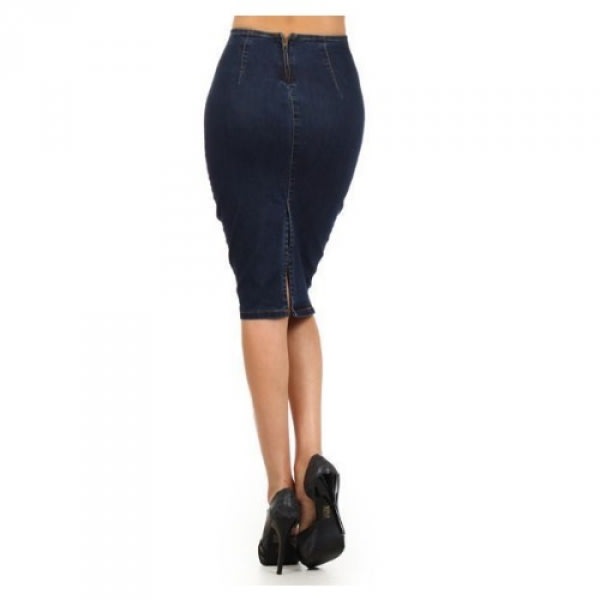 High Waist Stretch Pencil Jeans Skirt-Deep Blue