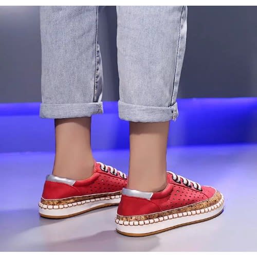 Women's Leather Slip On Loafers-  Red
