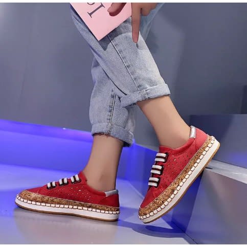 Women's Leather Slip On Loafers-  Red