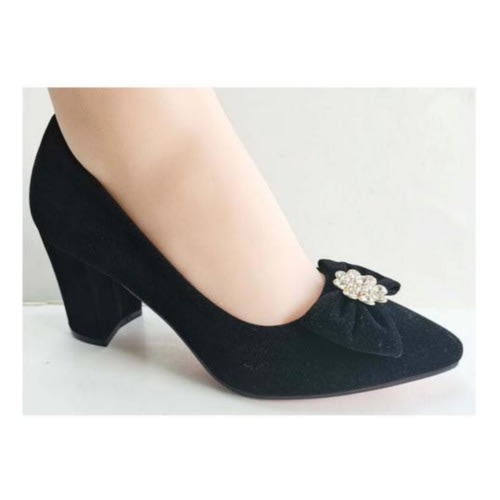 Block Heel Suede Pointed Court Shoe- Black