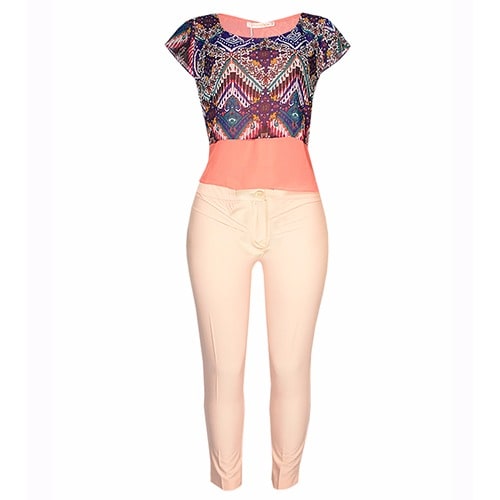 Layered Print Chiffon Top with Matching Crop Pant - Multi Peach