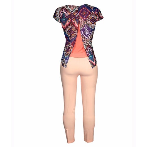 Layered Print Chiffon Top with Matching Crop Pant - Multi Peach