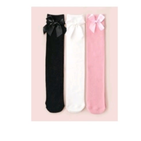 Girls Toddler Knee Socks With Stylish Bow - 3 In 1 Pack - Pink White Black.