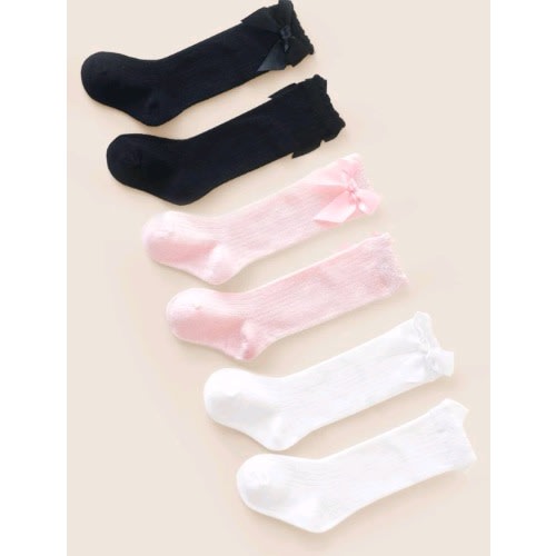 Girls Toddler Knee Socks With Stylish Bow - 3 In 1 Pack - Pink White Black.