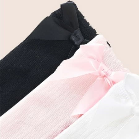 Girls Toddler Knee Socks With Stylish Bow - 3 In 1 Pack - Pink White Black.