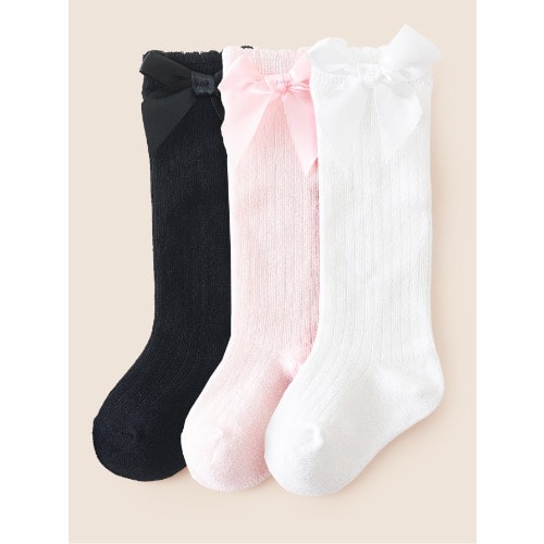 Girls Toddler Knee Socks With Stylish Bow - 3 In 1 Pack - Pink White Black.