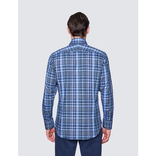 Check Relaxed Slim Fit Shirt - Low Collar - Navy & Green