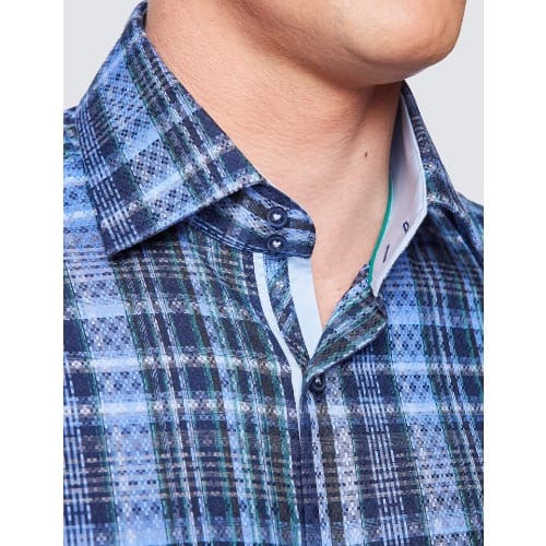 Check Relaxed Slim Fit Shirt - Low Collar - Navy & Green