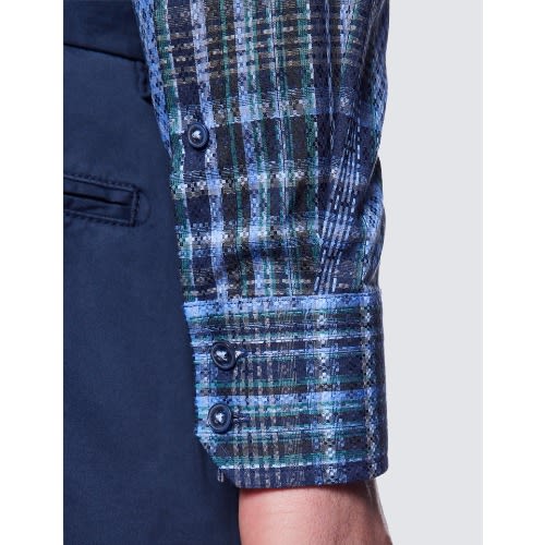 Check Relaxed Slim Fit Shirt - Low Collar - Navy & Green