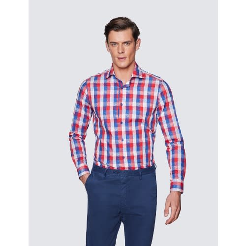 Men's Dobby Check Relaxed Slim Fit Shirt - Low Collar - Red & Blue