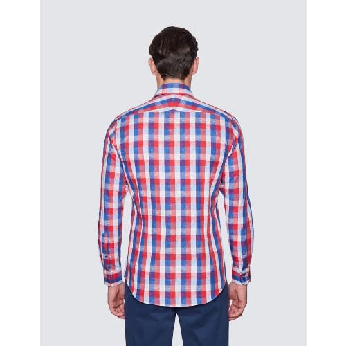 Men's Dobby Check Relaxed Slim Fit Shirt - Low Collar - Red & Blue