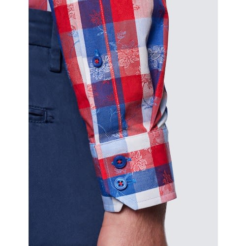 Men's Dobby Check Relaxed Slim Fit Shirt - Low Collar - Red & Blue