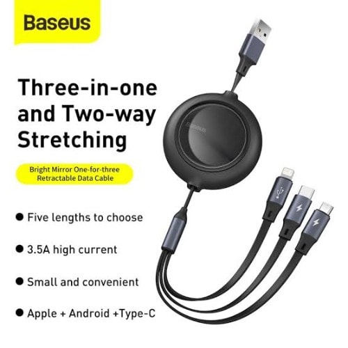 Baseus Bright Mirror One-for-three Retractable Data Cable USB To M+l+c 3.5a