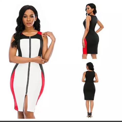 Front Zipper Bodycon Fitted Dress - Multicolour