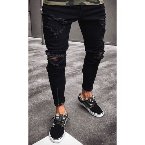 Elastic Knee Ripped Street Jeans For Men