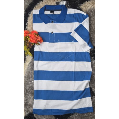 Men's Cotton Casual Short-sleeved T-shirt Polo - Blue & White