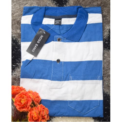 Men's Cotton Casual Short-sleeved T-shirt Polo - Blue & White
