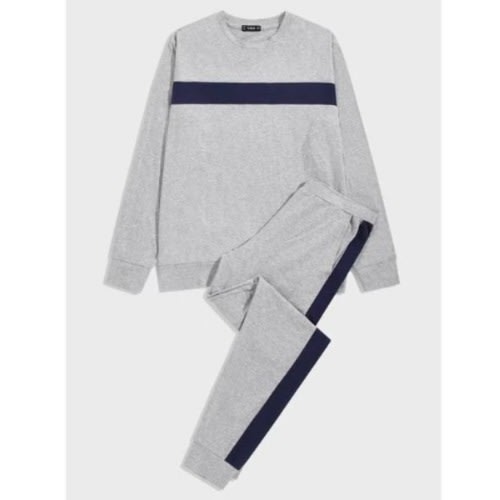 Unisex Pattern Joggers And Sweatshirt- Ash+Navy Blue