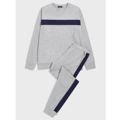 Unisex Pattern Joggers And Sweatshirt- Ash+Navy Blue