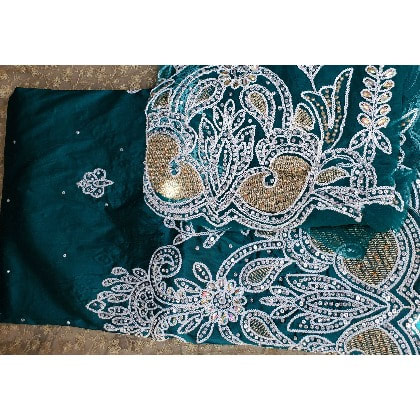 Bedazzled And Embroidered Green Indian George With Blouse - 7 Yards