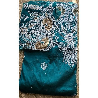 Bedazzled And Embroidered Green Indian George With Blouse - 7 Yards