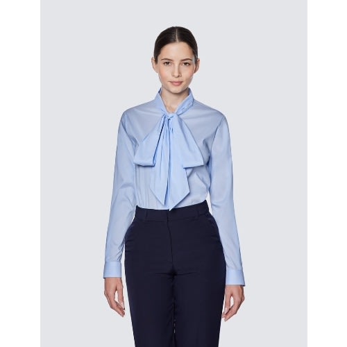 Women's Light Blue Relaxed Fit Cotton/ Nylon Shirt With Tie Detail