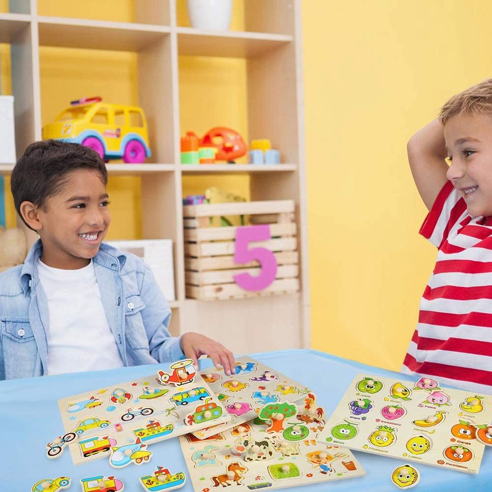 Children Puzzle Wooden Peg Puzzles For Toddlers 2 3 Years Old Alphabet & Number Puzzles For Kids Letters Numbers Animals And Vehicles Learning Toys Gift For Girls And Boys 1