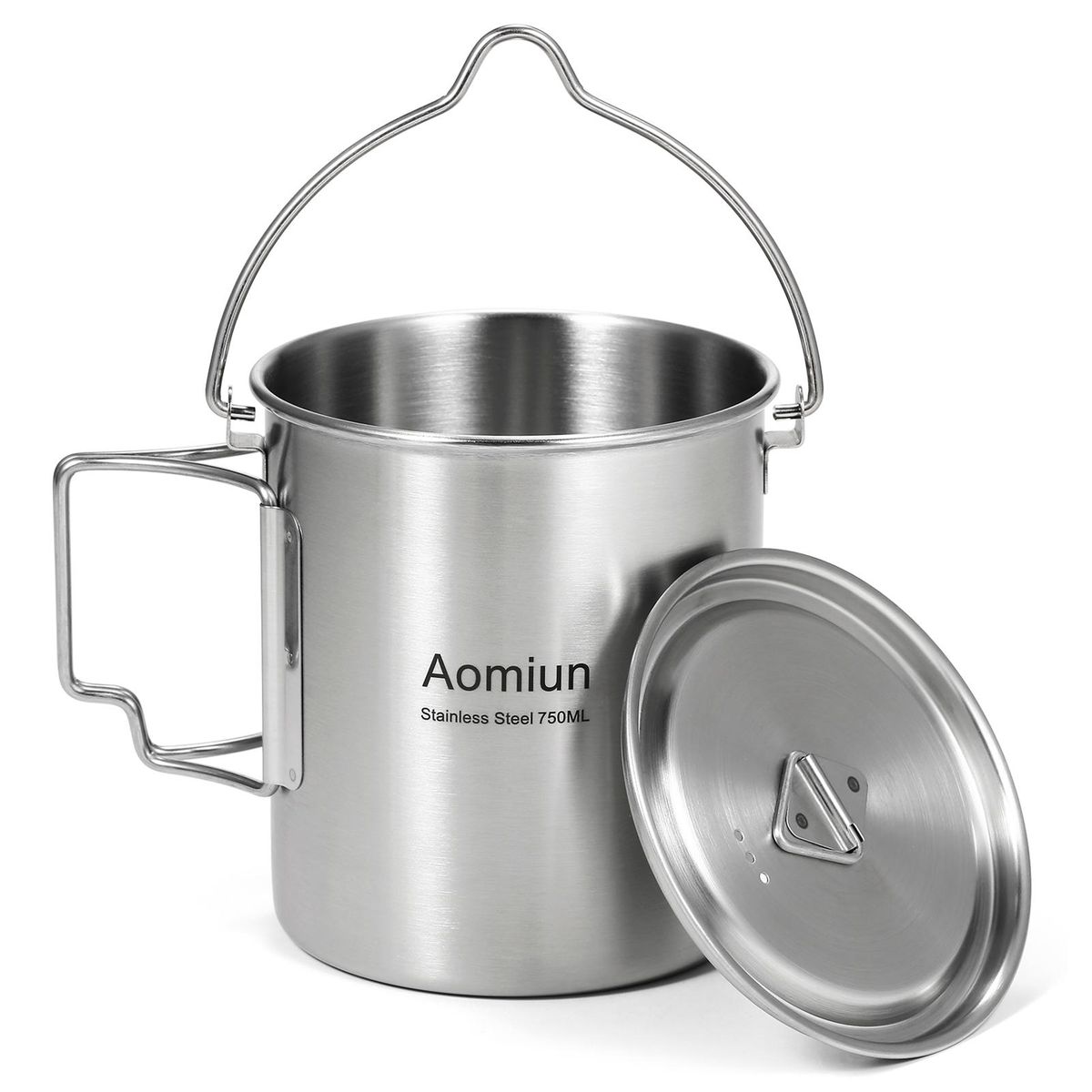 Aomiun 750ml Stainless Steel Pot Portable Water Mug Cup with Lid and Foldable Handle Outdoor Camping Cooking Picnic