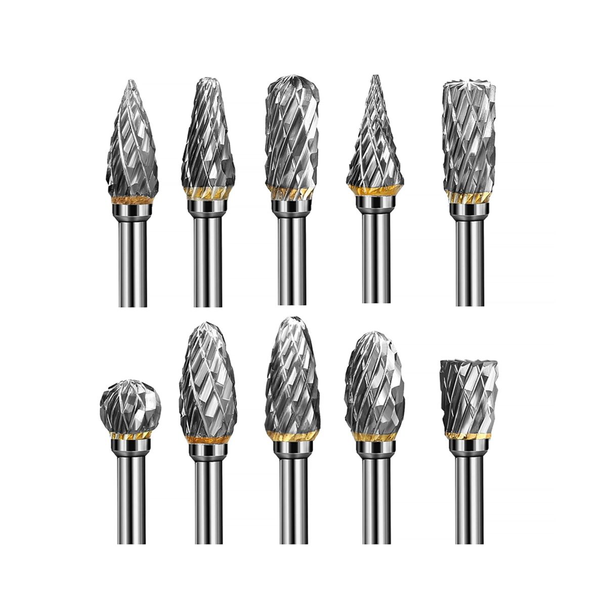 Double Cut Carbide Rotarys Burr Set, 10 Pcs 1/8inch Shanks, 1/4inch Head Length Tungsten Steel for Woodworking,Drilling
