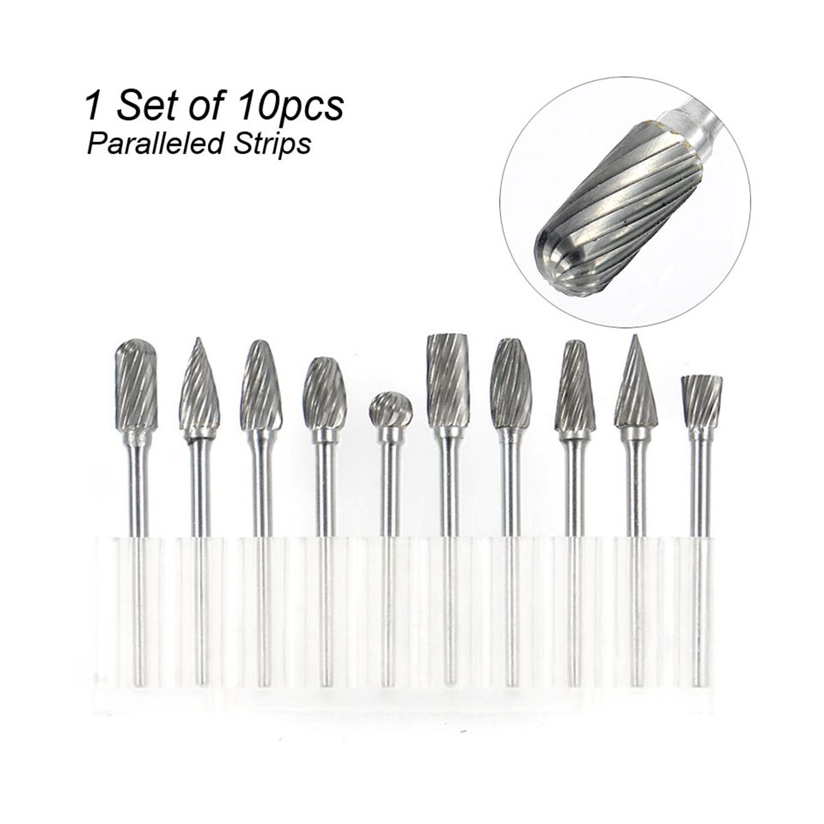 Double Cut Carbide Rotarys Burr Set, 10 Pcs 1/8inch Shanks, 1/4inch Head Length Tungsten Steel for Woodworking,Drilling