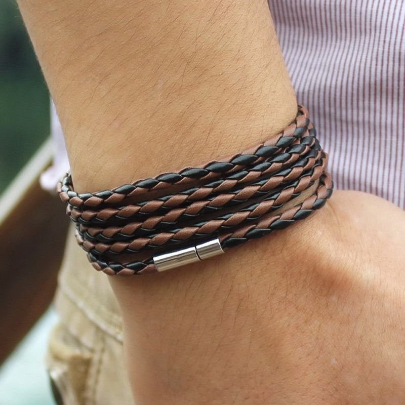 Couple Leather Bracelet Men Charm Vintage Black Bracelet(Black)