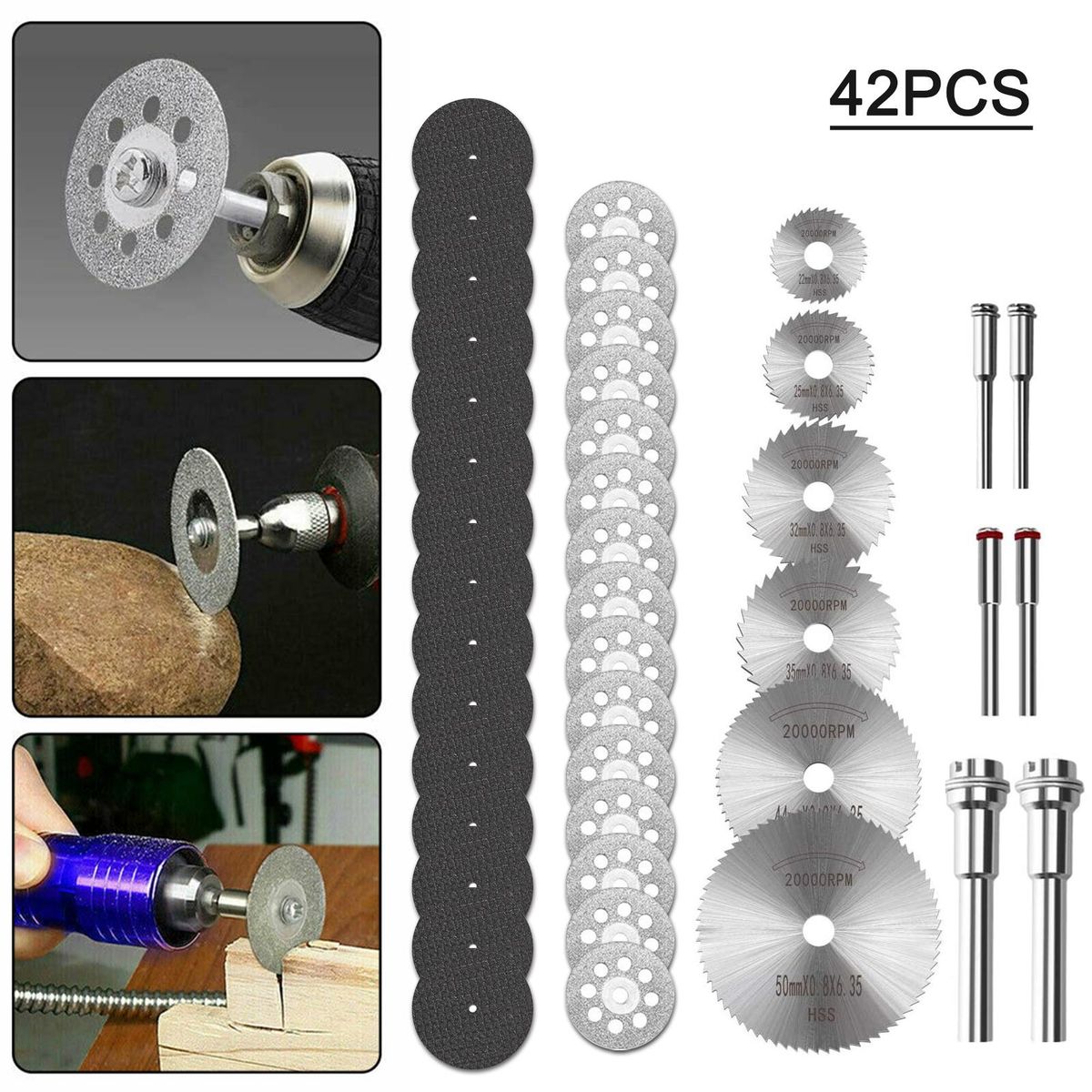 42 Pcs Cutting Wheels Set,Resin Cutting Off Wheels With Mandrels, HSS Circular Saw Blades for   Wood Glass Plastic Stone Metal