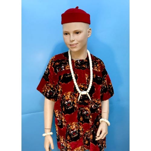 Children Boys Igbo Cultural Wear Set- White Beads+Cap And Velvet Isiagwu- Red