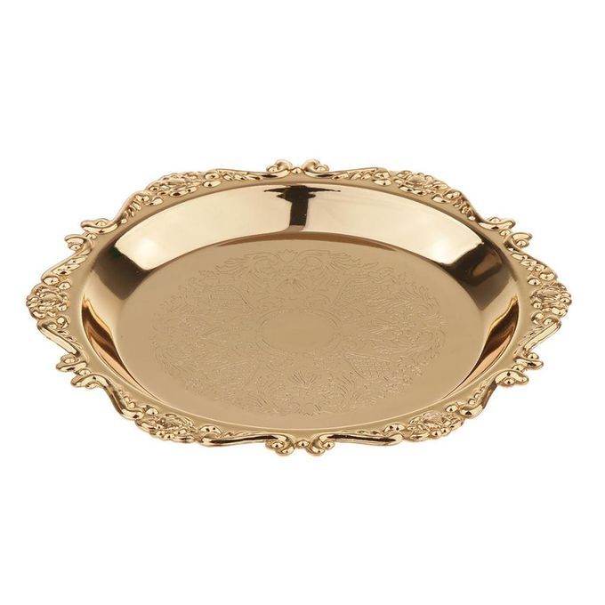 Golden Metal Round Tea Platter Dessert Serving Tray Fruit Dish Pastry