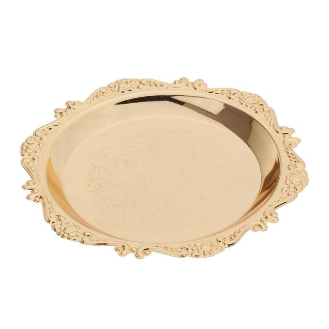 Golden Metal Round Tea Platter Dessert Serving Tray Fruit Dish Pastry