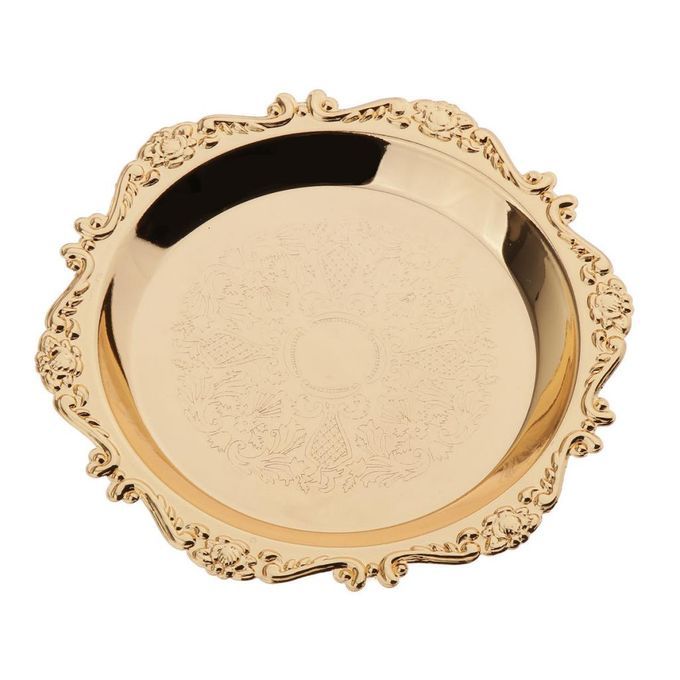 Golden Metal Round Tea Platter Dessert Serving Tray Fruit Dish Pastry