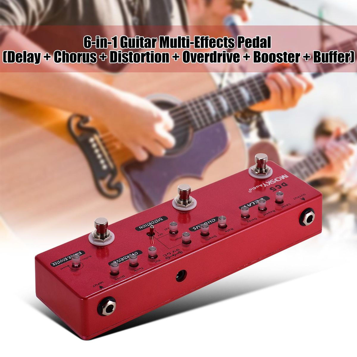 MOSKYAudio DC5 6-in-1 Guitar Multi-Effects Pedal Delay + Chorus + Distortion + Overdrive + Booster + Buffer Full Metal Shell with True Bypass