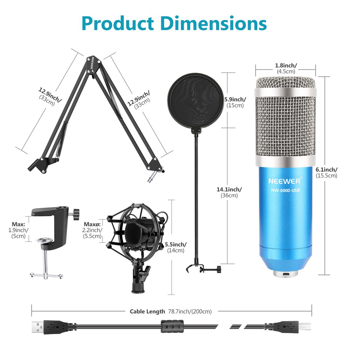 USB Microphone Kit 192KHZ/24BIT Plug&Play Computer Cardioid Mic Podcast Condenser Microphone With Professional Sound Chipset For PC Karaoke/YouTube/Gaming Record, Arm Stand/Shock Mount (Blue)（NW-8000-USB）