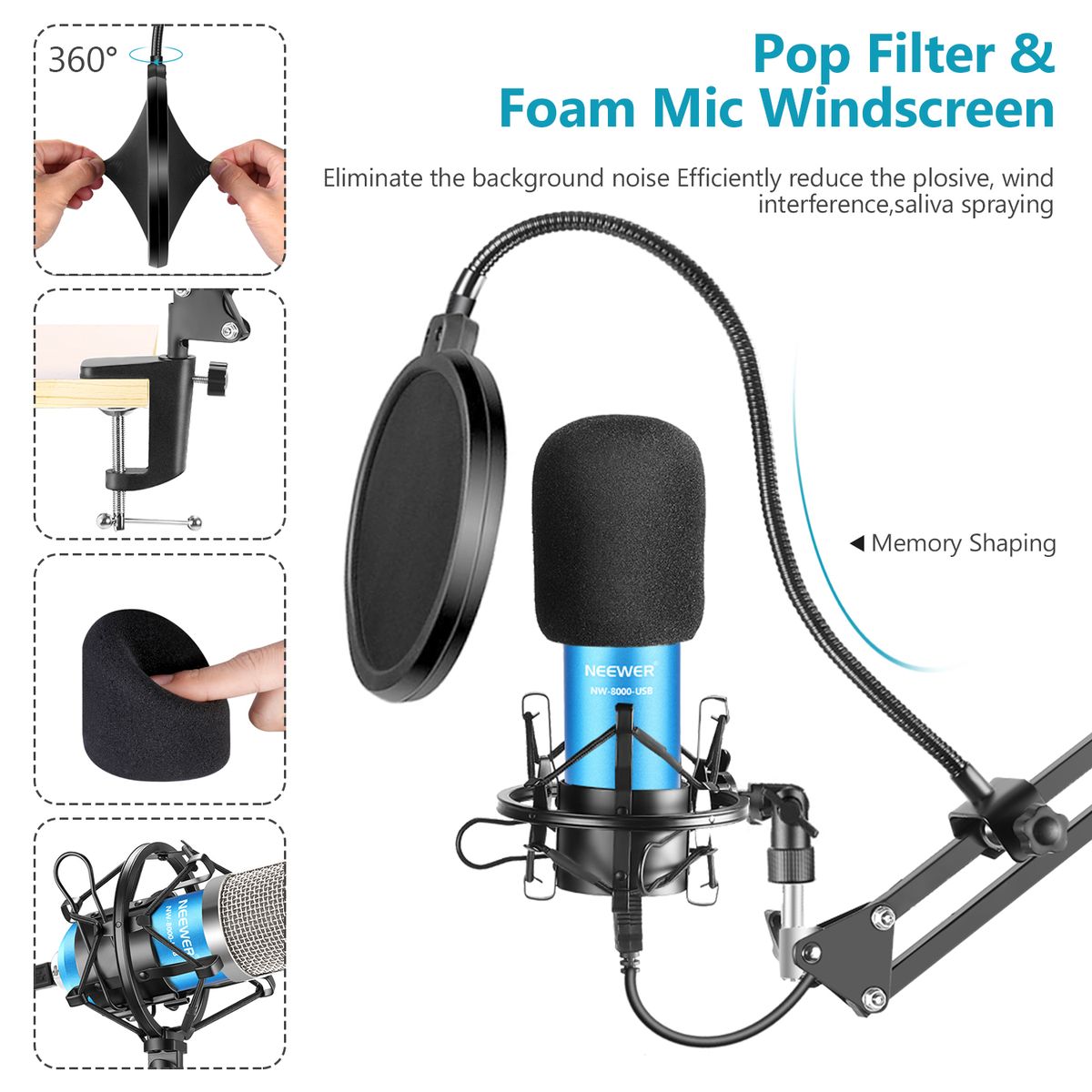 USB Microphone Kit 192KHZ/24BIT Plug&Play Computer Cardioid Mic Podcast Condenser Microphone With Professional Sound Chipset For PC Karaoke/YouTube/Gaming Record, Arm Stand/Shock Mount (Blue)（NW-8000-USB）
