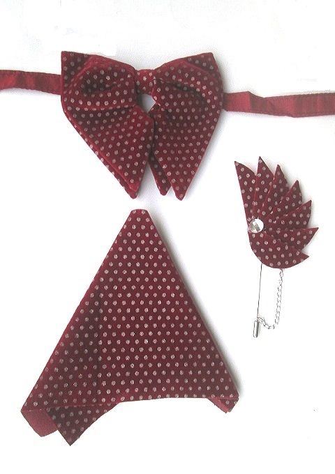Men's Double Butterfly Bow-Tie With Pocket Filler And Rose Lapel Pin - Wine Red/ White Dot Pattern.