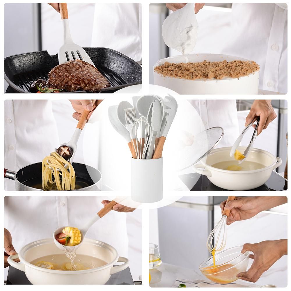 Silicone Cooking Utensil Set Non-stick Kitchen Utensils Set 11 PCS Heat Resistant Kitchen Tools with Wooden Handle