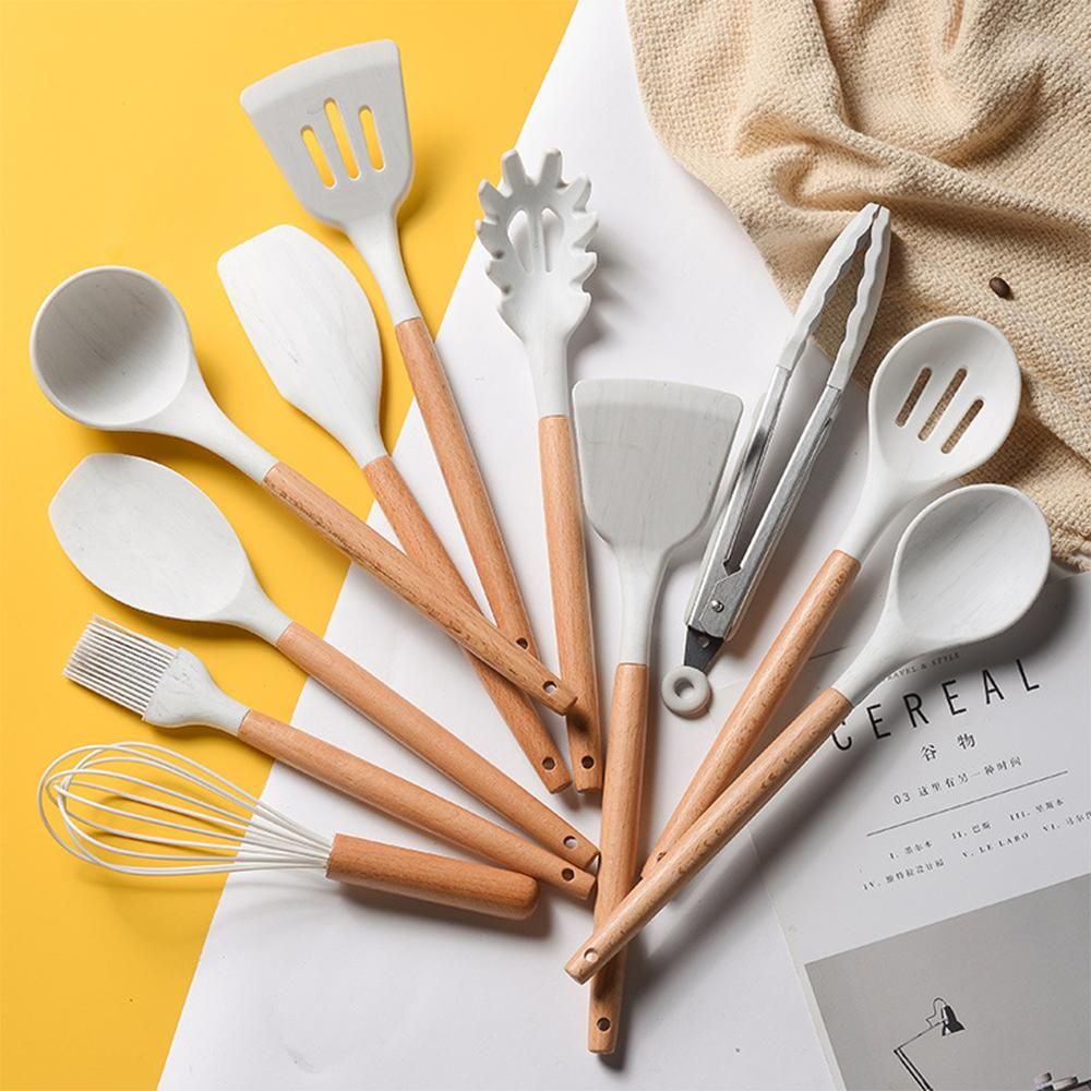 Silicone Cooking Utensil Set Non-stick Kitchen Utensils Set 11 PCS Heat Resistant Kitchen Tools with Wooden Handle