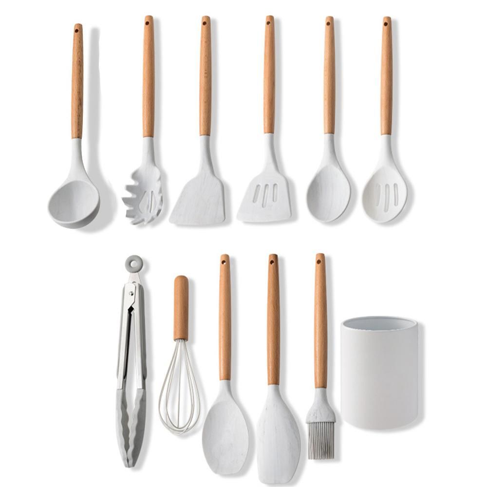 Silicone Cooking Utensil Set Non-stick Kitchen Utensils Set 11 PCS Heat Resistant Kitchen Tools with Wooden Handle