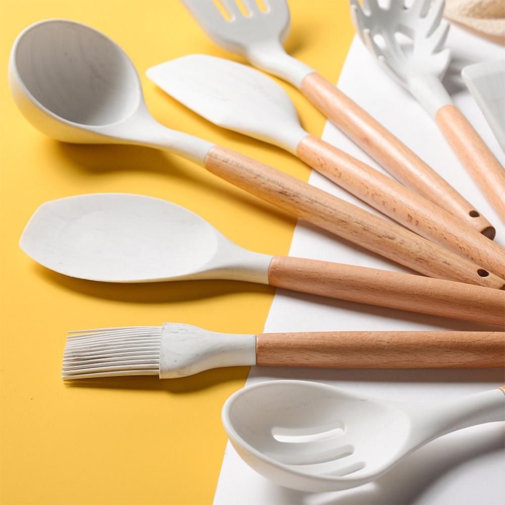 Silicone Cooking Utensil Set Non-stick Kitchen Utensils Set 11 PCS Heat Resistant Kitchen Tools with Wooden Handle