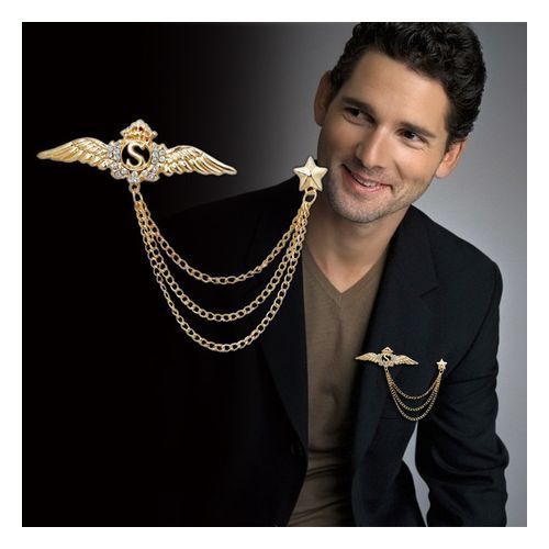 Lapel Crystal Wings Brooch Pin Chain Tassel For Suit's -Gold