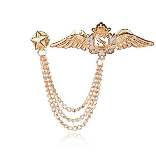 Lapel Crystal Wings Brooch Pin Chain Tassel For Suit's -Gold