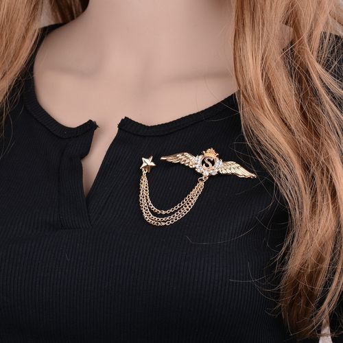 Lapel Crystal Wings Brooch Pin Chain Tassel For Suit's -Gold